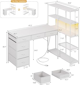 GAOMON L Shaped Gaming Computer Desk with Storage Shelves, 6 Fabric Drawers, Corner Gaming Desk with Open Shelves, Home Office PC Table with Power Outlets & LED Lights, 58.3 l*54.3 h