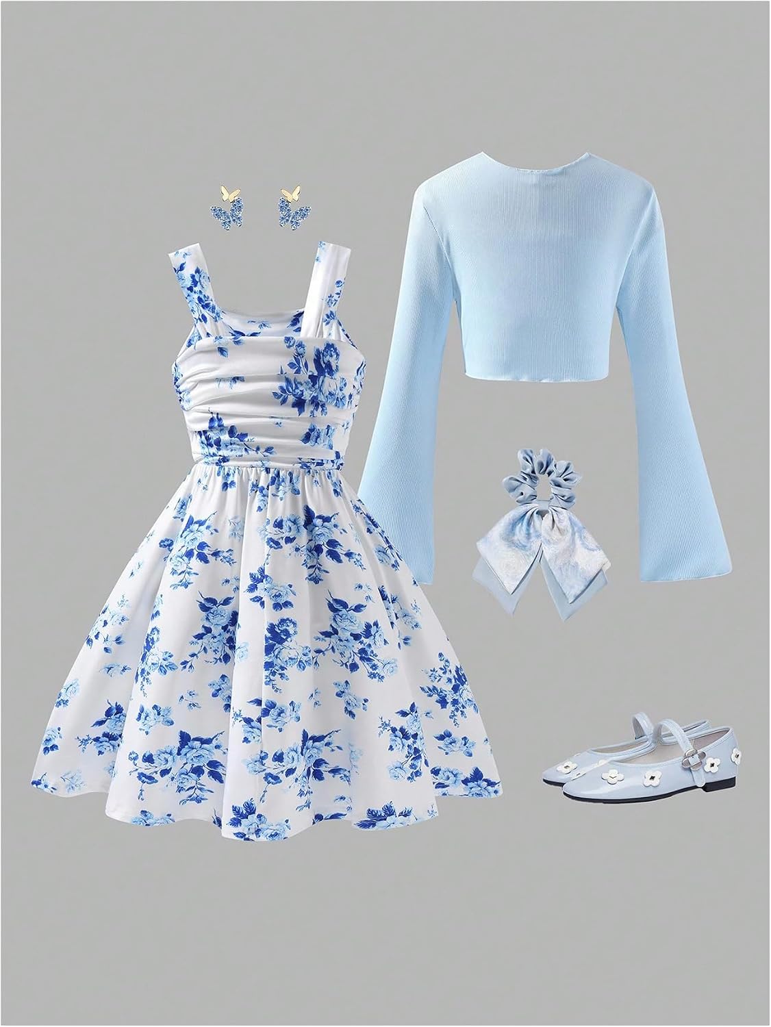 Verdusa Girl's 2 Piece Sets Cute Floral Summer Dresses Ruched Ruffle Tank Dress with Tie Knot Lightweight Cardigans