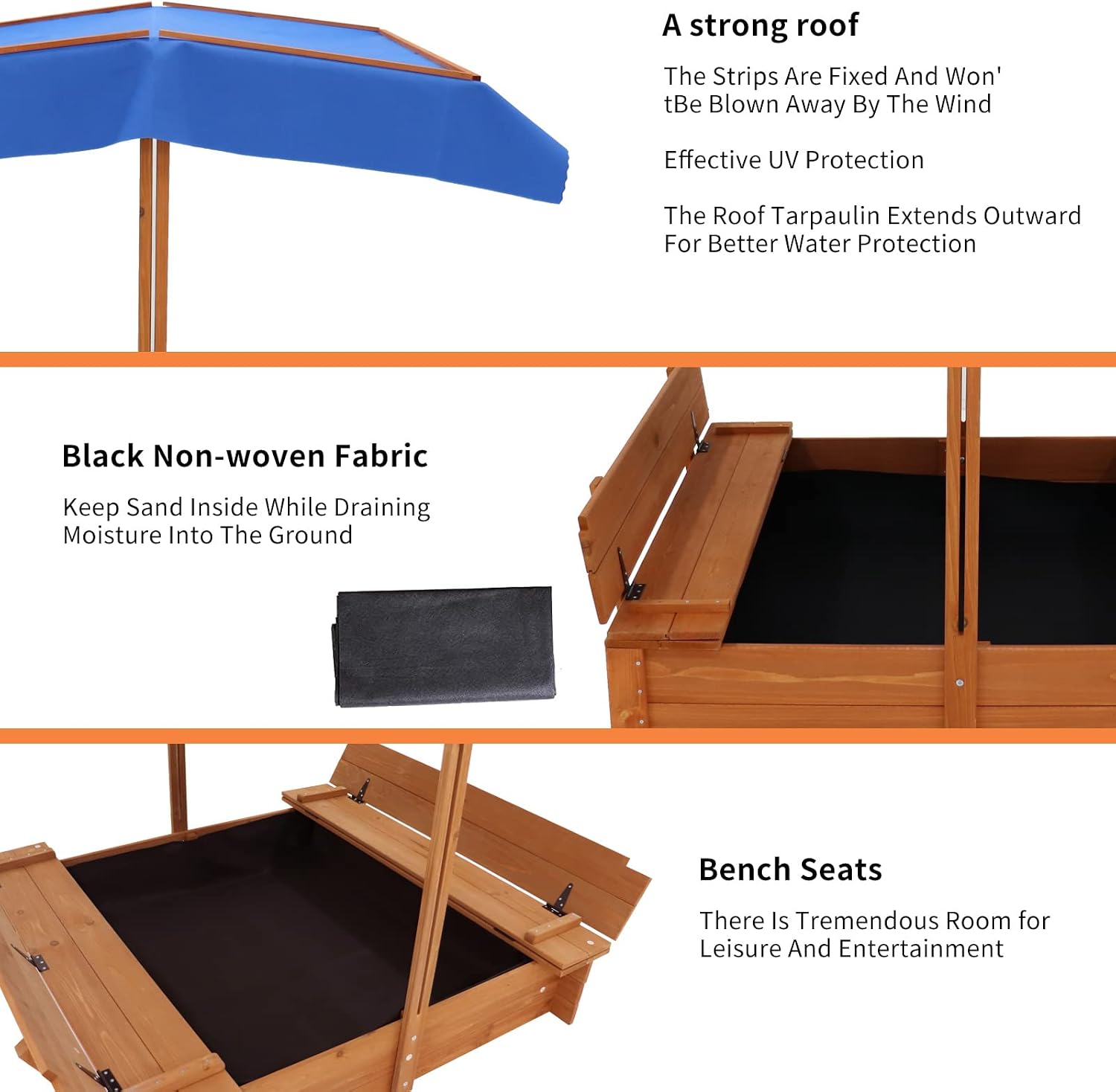 Kids Large Wooden Sandbox, Convertible Cedar Sandbox with Adjustable Canopy & 2 Foldable Bench Seats, Sand Protection, Bottom Liner - Sand Pit for Beach, Garden, Patio, Outdoor (47x47Inch)