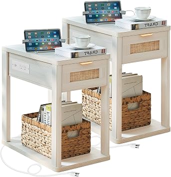 LEYAOYAO Narrow Side Table Set 2 with Charging Station, Rattan 24 x 14