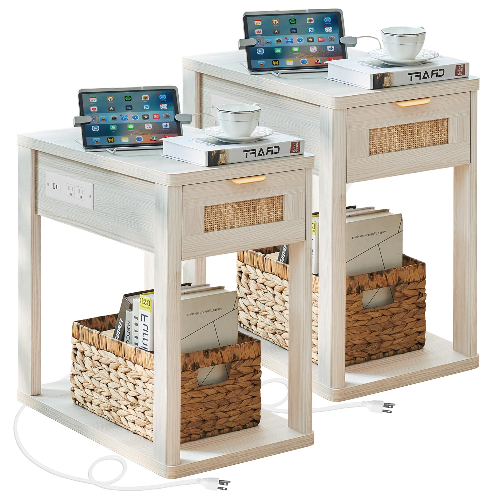 LEYAOYAO Narrow Side Table Set 2 with Charging Station,Rattan Night Stand with Drawer Storage,Natural Wood Bedside End Table with Metel Handle for Small Spaces,Boho Nightstand for Living Room Bedroom