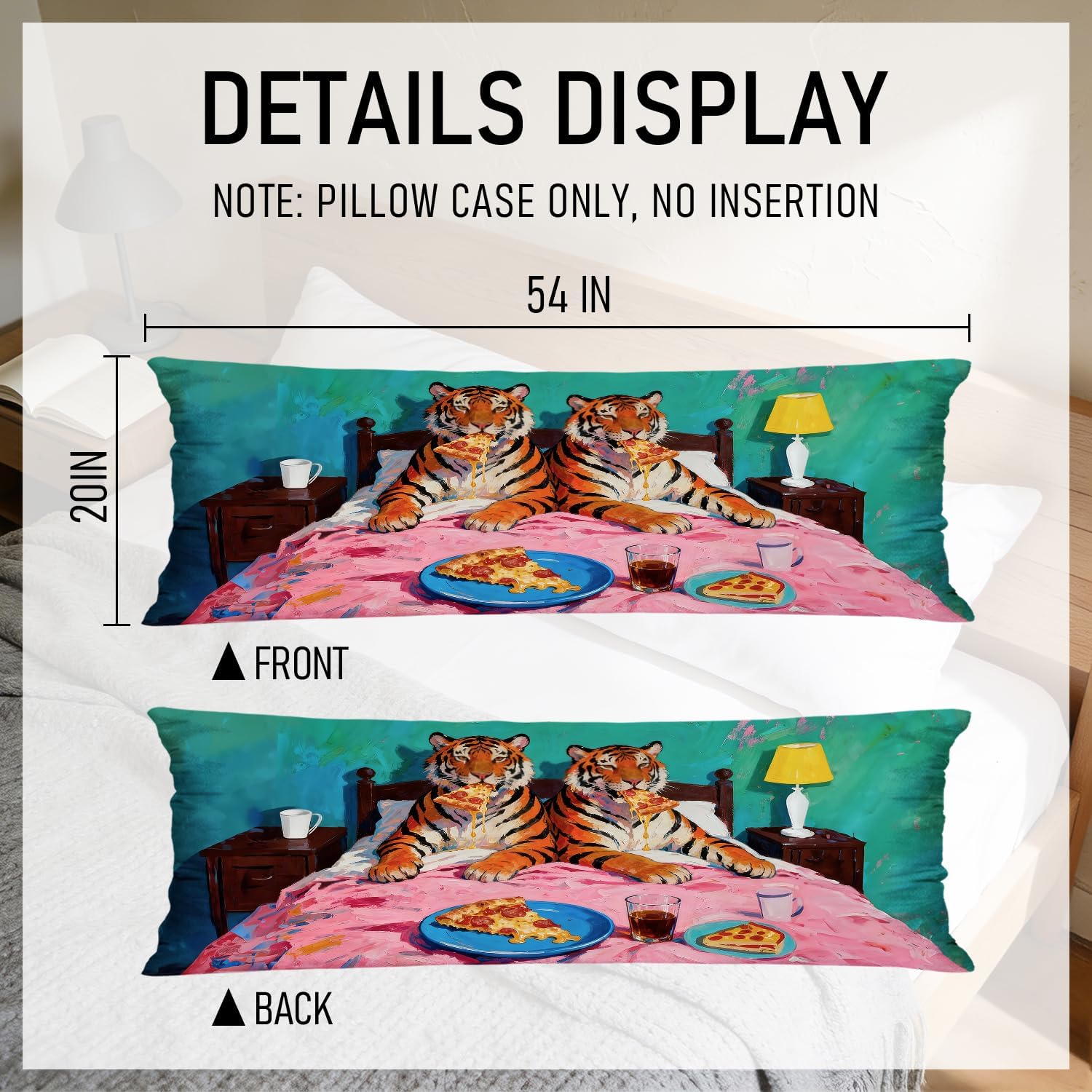 Maximalist Funny Tiger Pizza 20x54 Body Pillow Cover Case with Zipper, Dopamine Decor, Eclectic Jungle Animal Whimsical Long Body Pillow Pillowcase for Adults Kids