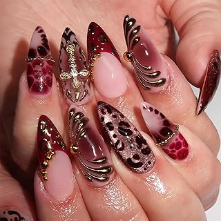 24 Stück Französische Spitze Mittlere Mandel Press On Nägel Cat's Eye Acrylnägel Press On Nagel Tipps Set 3D Glänzende Kreuzanhänger Ombre Falsche Nägel