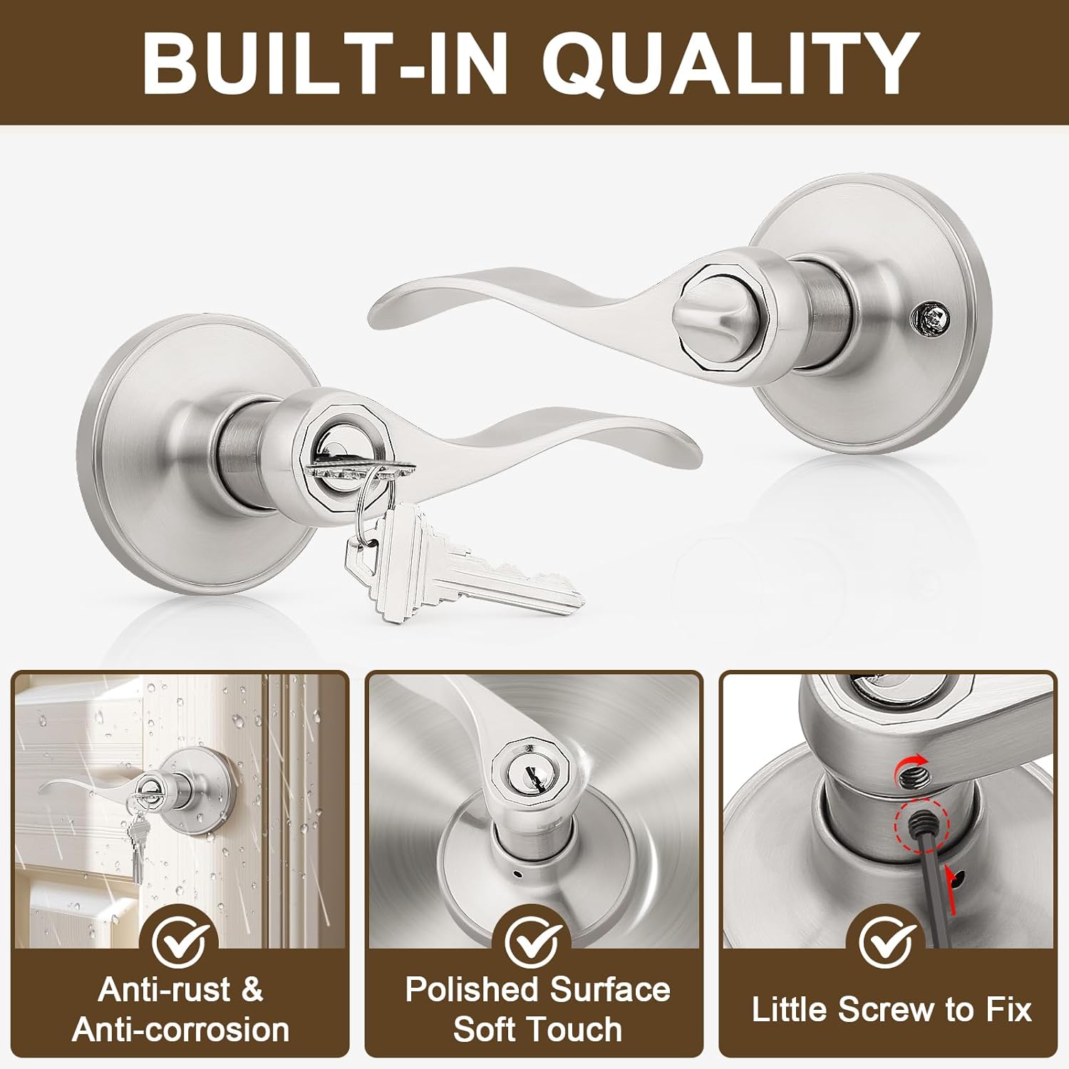 KNOBWELL 3 Pack Entrance Door Handleset Keyed Entry Front Door Levers with Lock and Key Brushed Nickel Exterior Door Handles(Same Key)