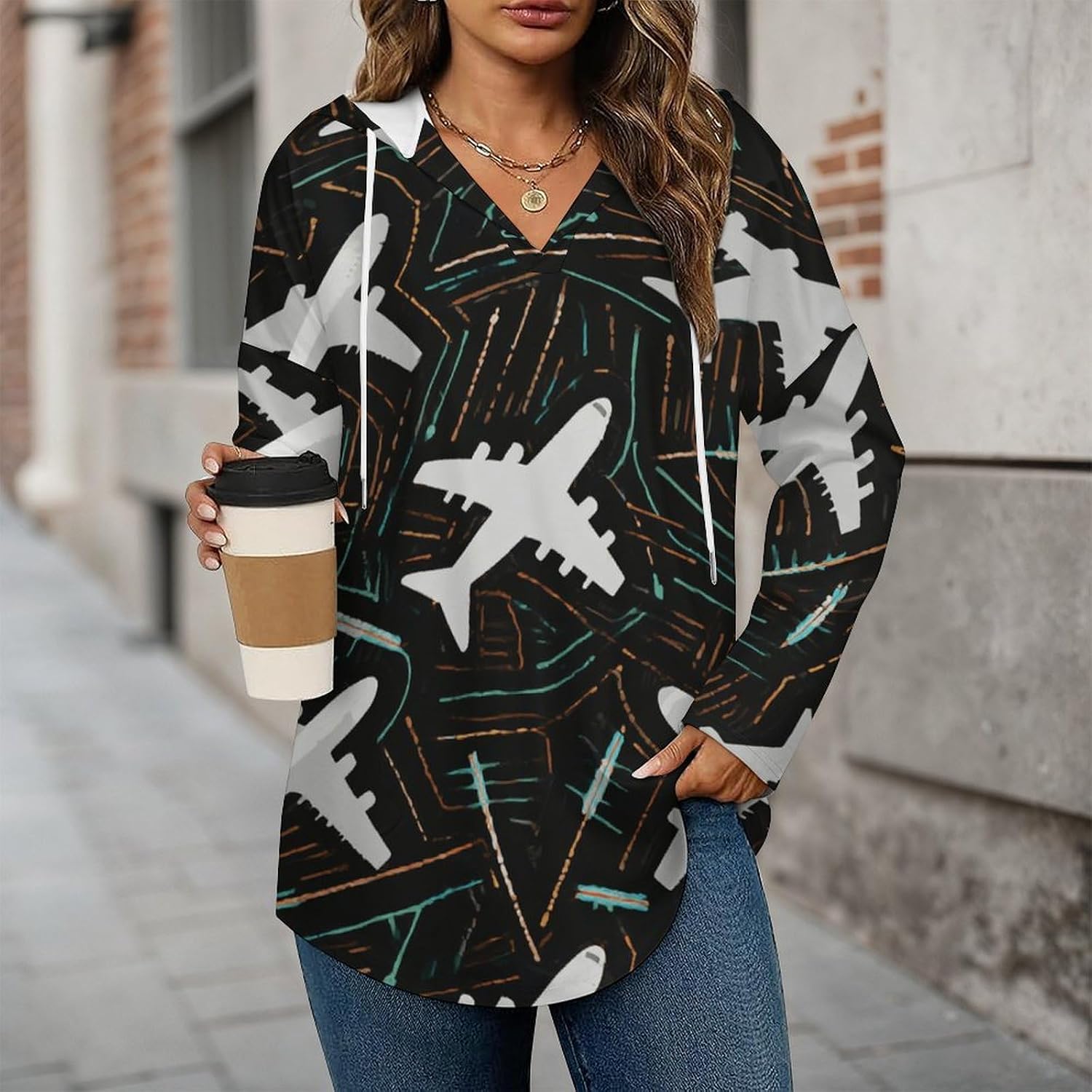 Women's V-Neck Hoodies Long Sleeve Pullover Sweatshirt with Drawstring, Loose Fit Lightweight Casual Top