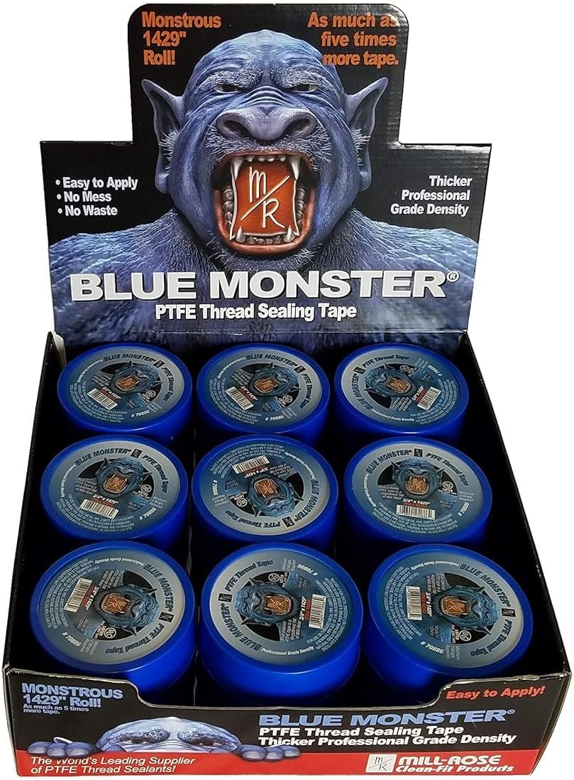 Blue Monster PTFE Thread Seal Tape – 3/4″ x 1,429″ (Case of 27 Rolls)