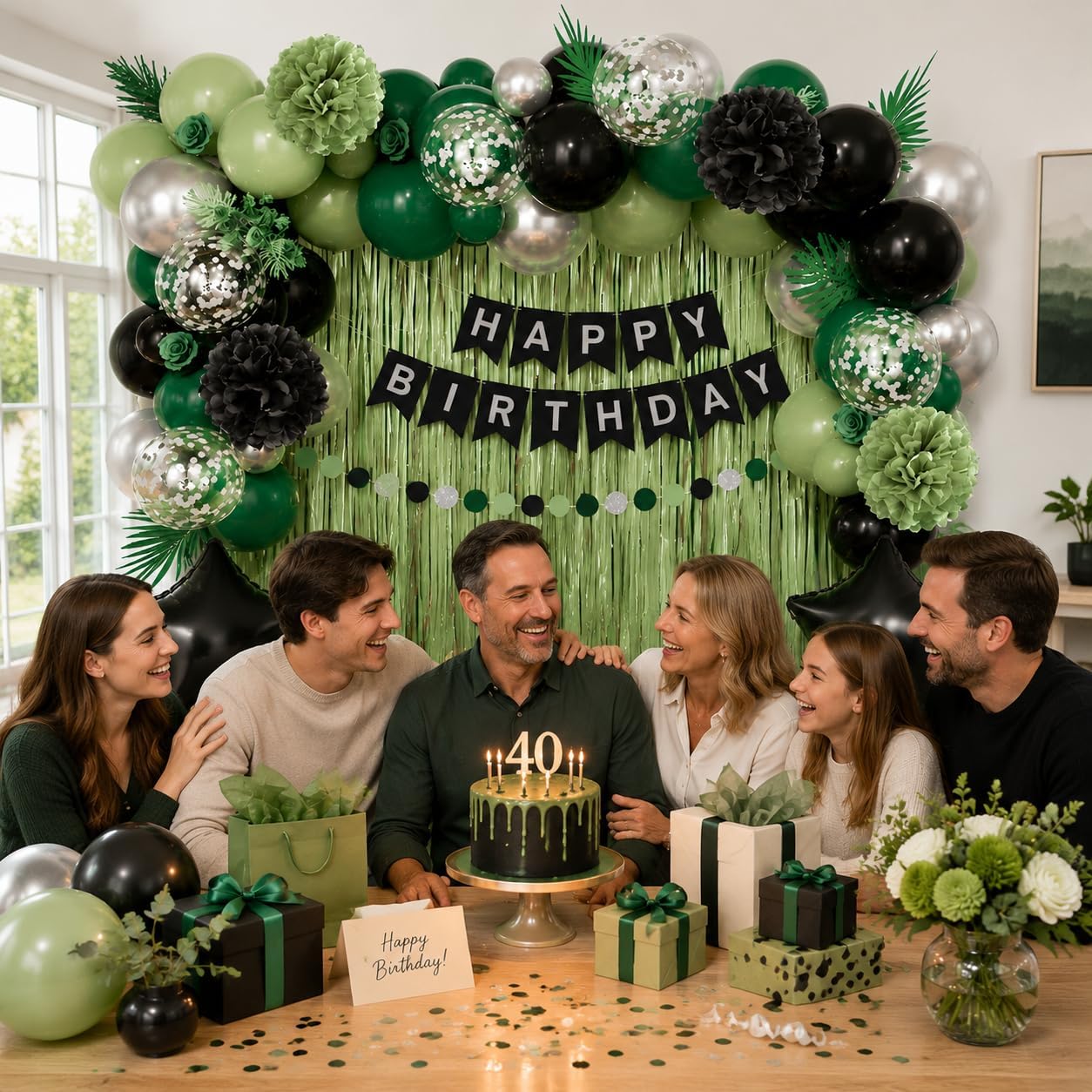Sage Green and Black Birthday Decorations for Men, Modern Birthday Supplies with Balloon Garland Kit, Happy Birthday Banner, Foil Curtain, Star Balloons and Tissue Pom Poms for Boys, Dad, Husband image 4