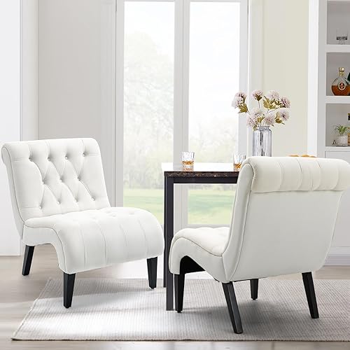 Miniatura 2 de AVAWING Juego de 2 sillas decorativas sin brazos, sillas tapizadas con botones copetudos para sala de estar con patas de madera, cómoda silla de