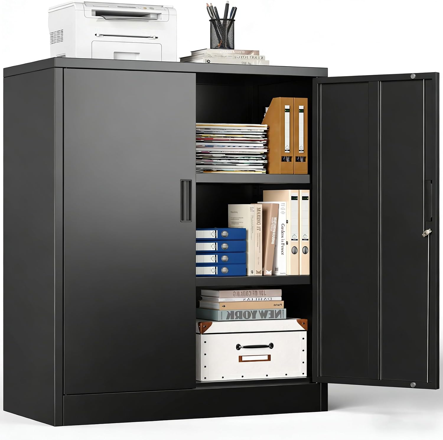 Metal Storage Cabinets, Metal Locking Cabinet with 2 Doors and Shelves, 36" H Metal Cabinets for Office, Home, Garage, Warehouse (Black)