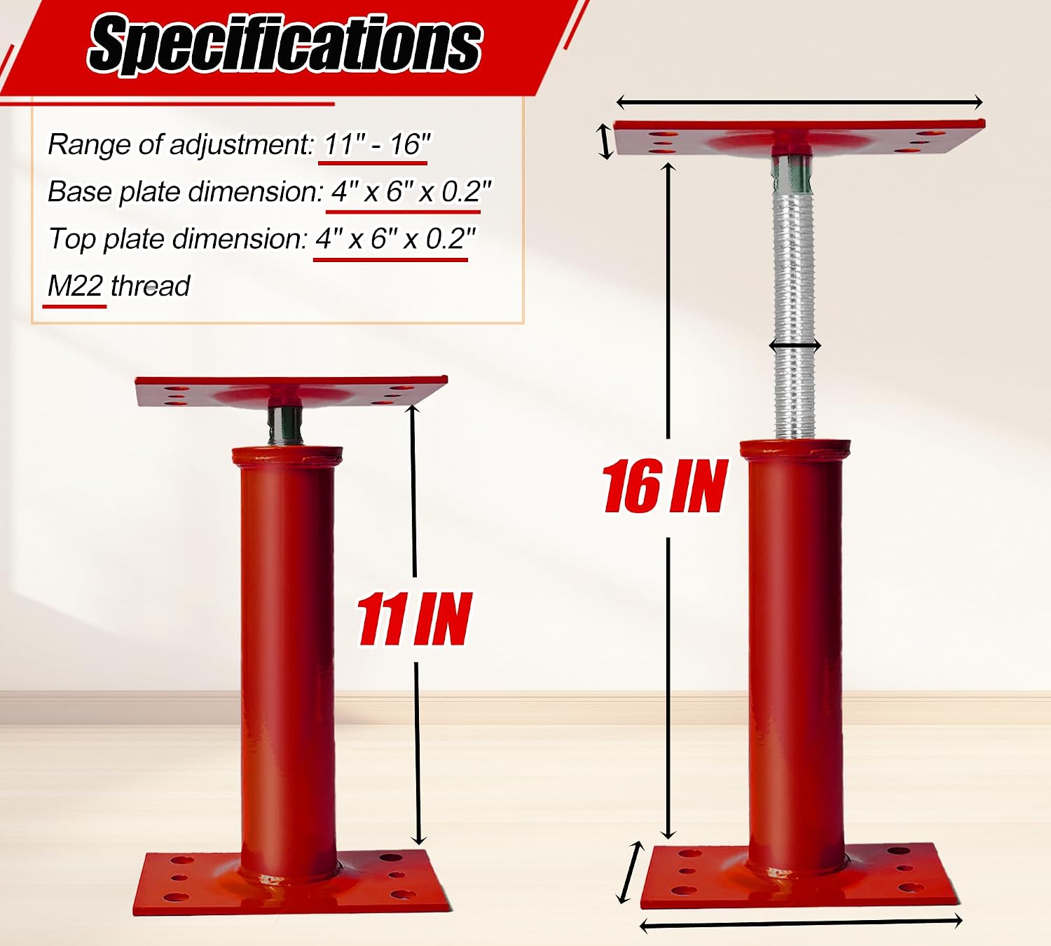 House Floor Jacks, 11"-16" Basement Crawlspace House Jacks Post Pole for Lifting & Leveling, Heavy Duty Floor Jack for Foundation Temporary Support, 3-5 ton Load Capacity Each