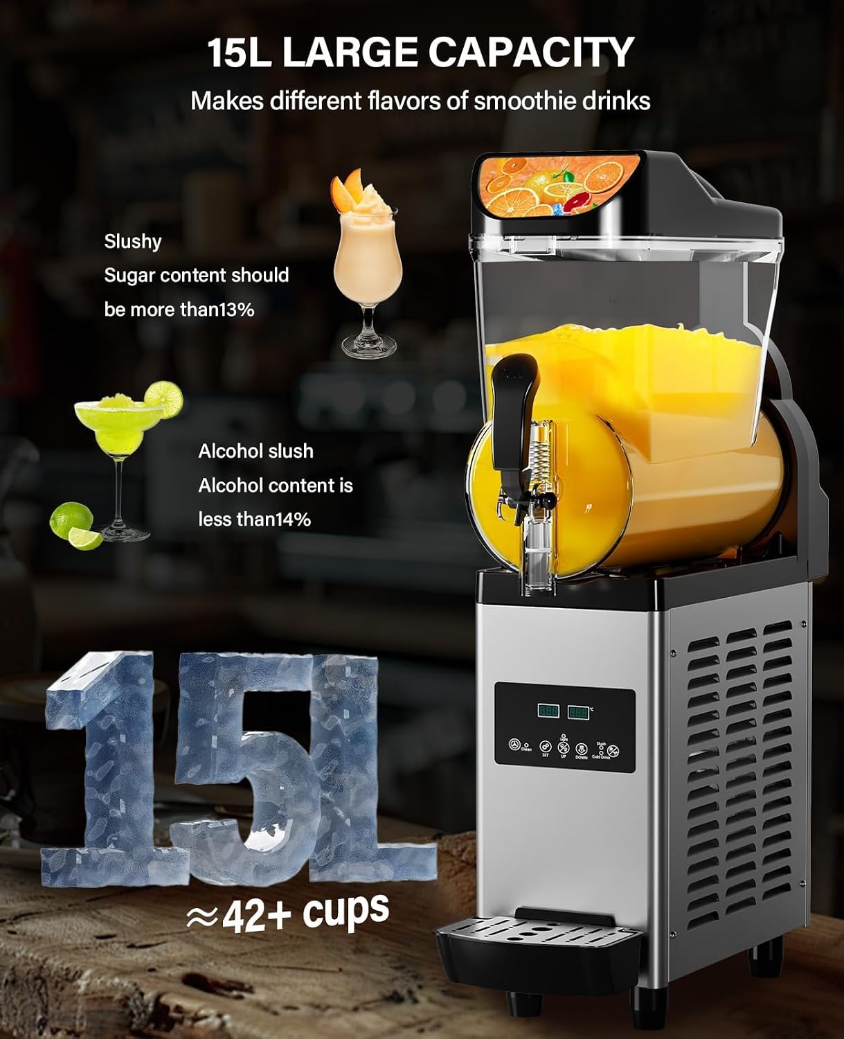 15L Stainless Steel Slushie Machine, Commercial Frozen Drink & Margarita Maker, 450W Slushy Machine for Home, Bar, Restaurant – Self-Cleaning, Fast Cooling, Adjustable Settings