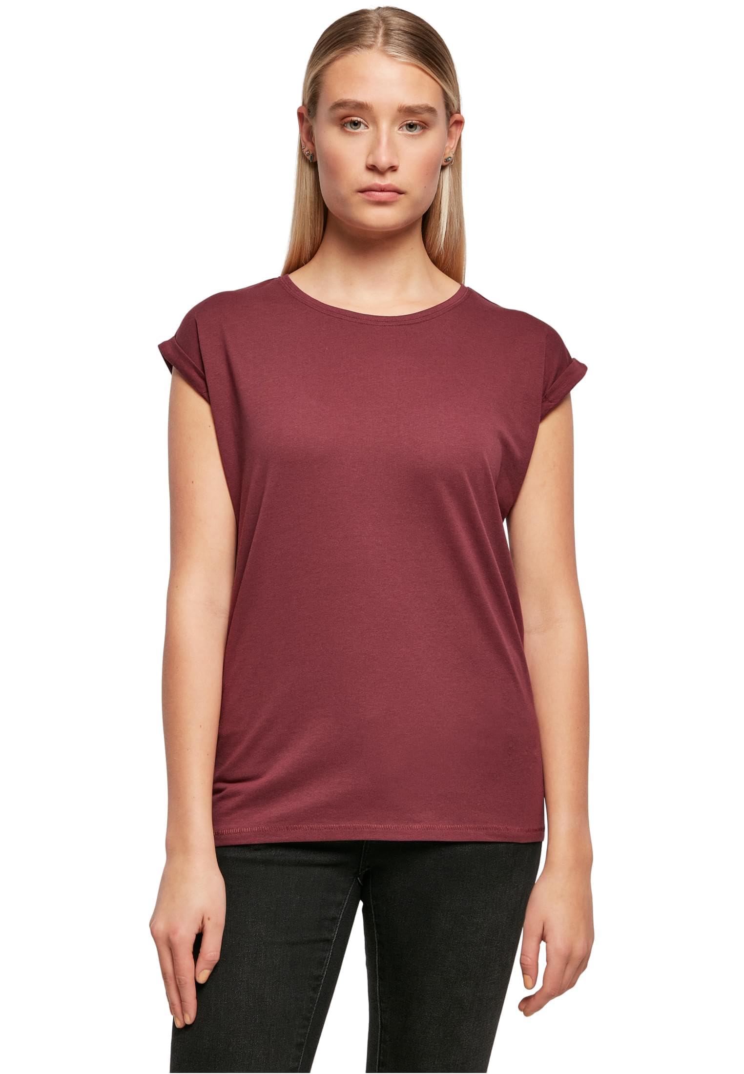Build Your Brand Women's Extended Shoulder Tee, Cherry, S