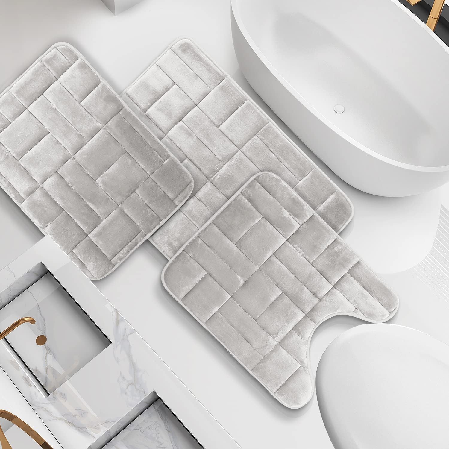 Clara Clark Set of 3 Bath Mats, Non-Slip Velvet Memory Foam Bathroom Rugs, Machine Wash, Soft and Plush Bath Rugs, 17 x 24 Inch, 20 x 32 Inch & U-Shaped 20 x 24 Inch, Tiled Design - Silver