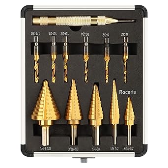 Rocaris 5 Pack Step Drill Bit Set & 6 Pack Tap Bit Set, 4241 Titanium Coated, 50 Sizes of High Speed Steel Step Drills for DIY Lovers Metalworking, Woodworking, Hole Drilling, 12 Pack