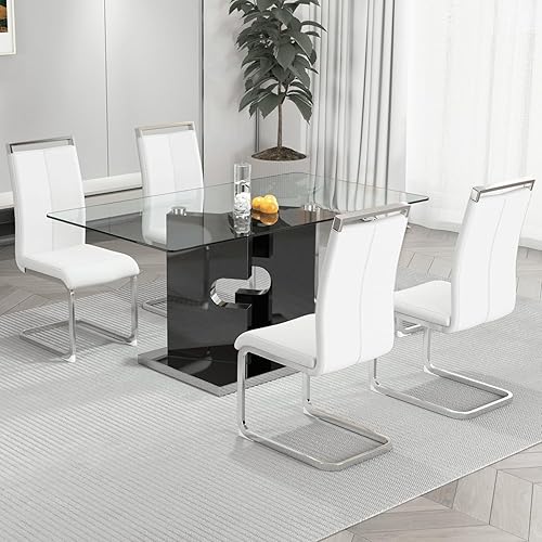 Miniatura 14 de Ebullient Juego de mesa de comedor de cristal de 63 pulgadas para 4, mesa de comedor de vidrio negro y base de MDF, mesa de cocina rectangular Mesa