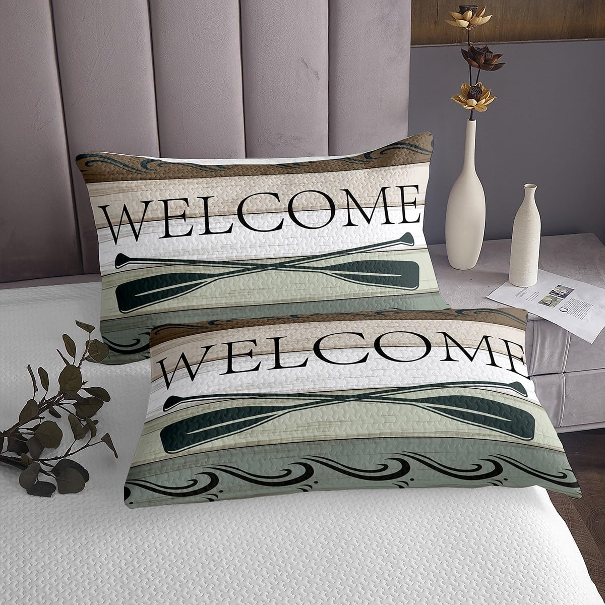 Lake House Decor Quilt Set King, Farmhouse Rustic Barn Door Bedspread Set Cabin Lodge Decor, Lake Paddle Coverlet Set For Lake Lover, Retro Vintage Style Bed Set Home Room Decor, Navy Green