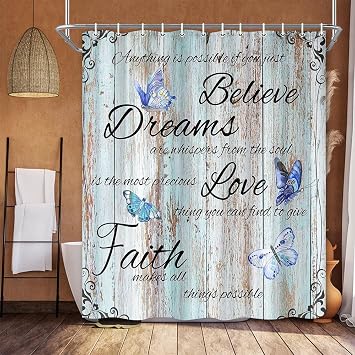 Wood Inspirational Saying Quotes Butterfly Shower Curtain, Rustic Art Blue Wooden Bathroom Shower Curtain Sets, Fabric Decor Bath Curtain 70X70IN with 12PCS Hook