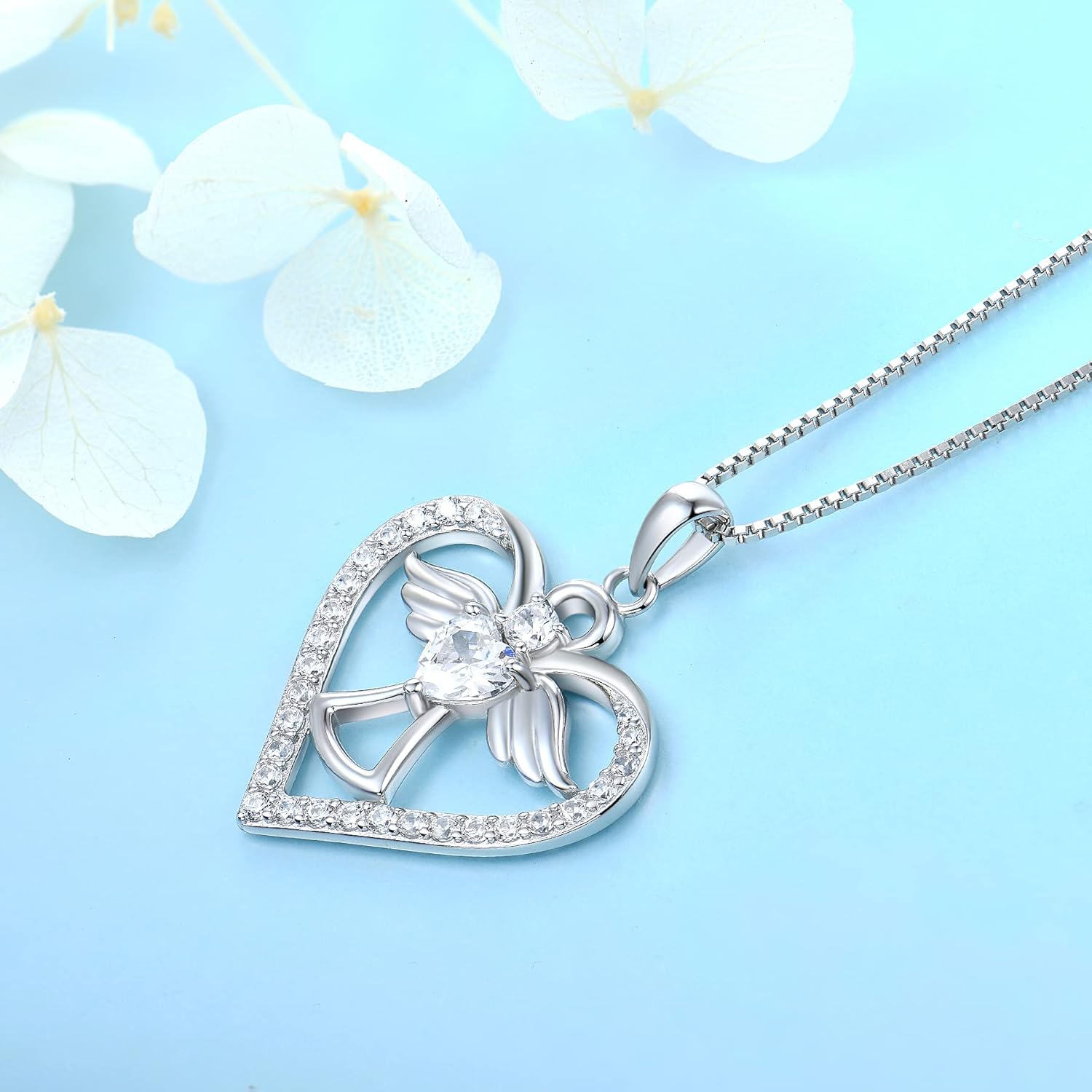 FJ Guardian Angel Necklace 925 Sterling Silver Heart Angel Wings Pendant Birthstone Jewelry for Women - Image 4