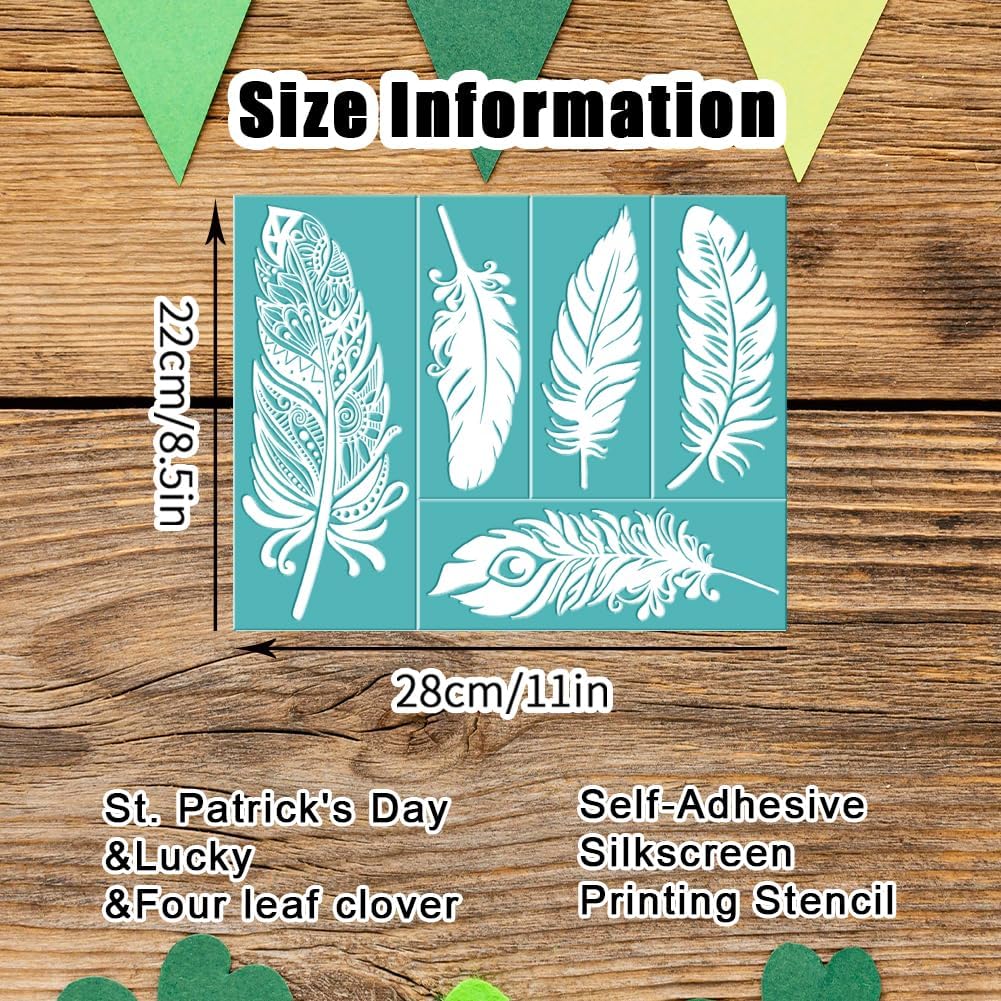 INFUNLY 2pcs Feather Painting Stencil 8x11 Mandala Style Screen Print Stencils Leaf Self Adhesive Silk Screen Stencils Mesh Adhesive Stencil for Home Decor Paint on Wood Fabric Wall Cup Glass Paper