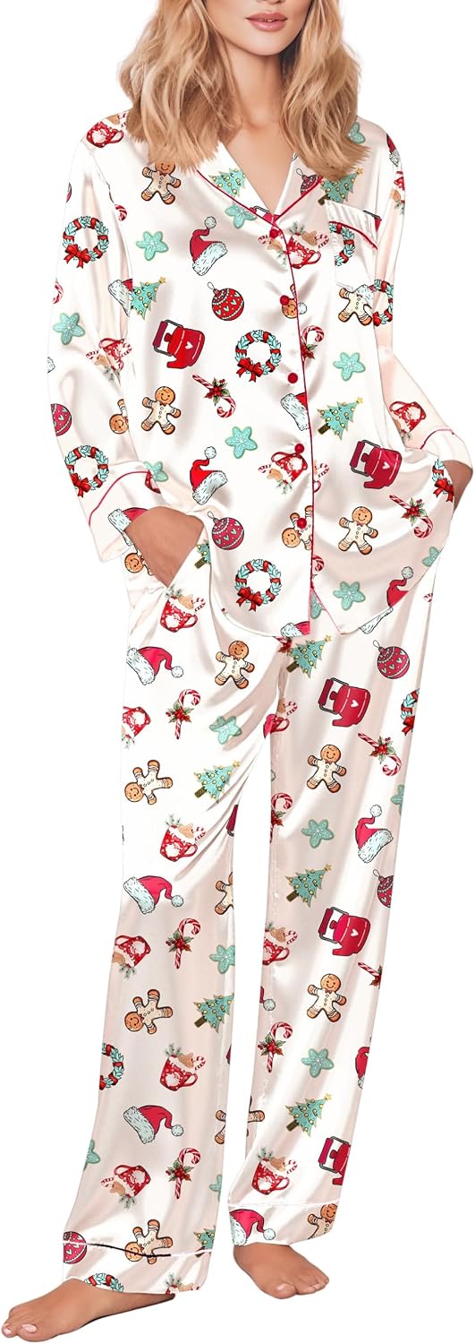 Ekouaer Womens Silk Satin Pajama Set Button Up Long Sleeve Pjs Sleepwear