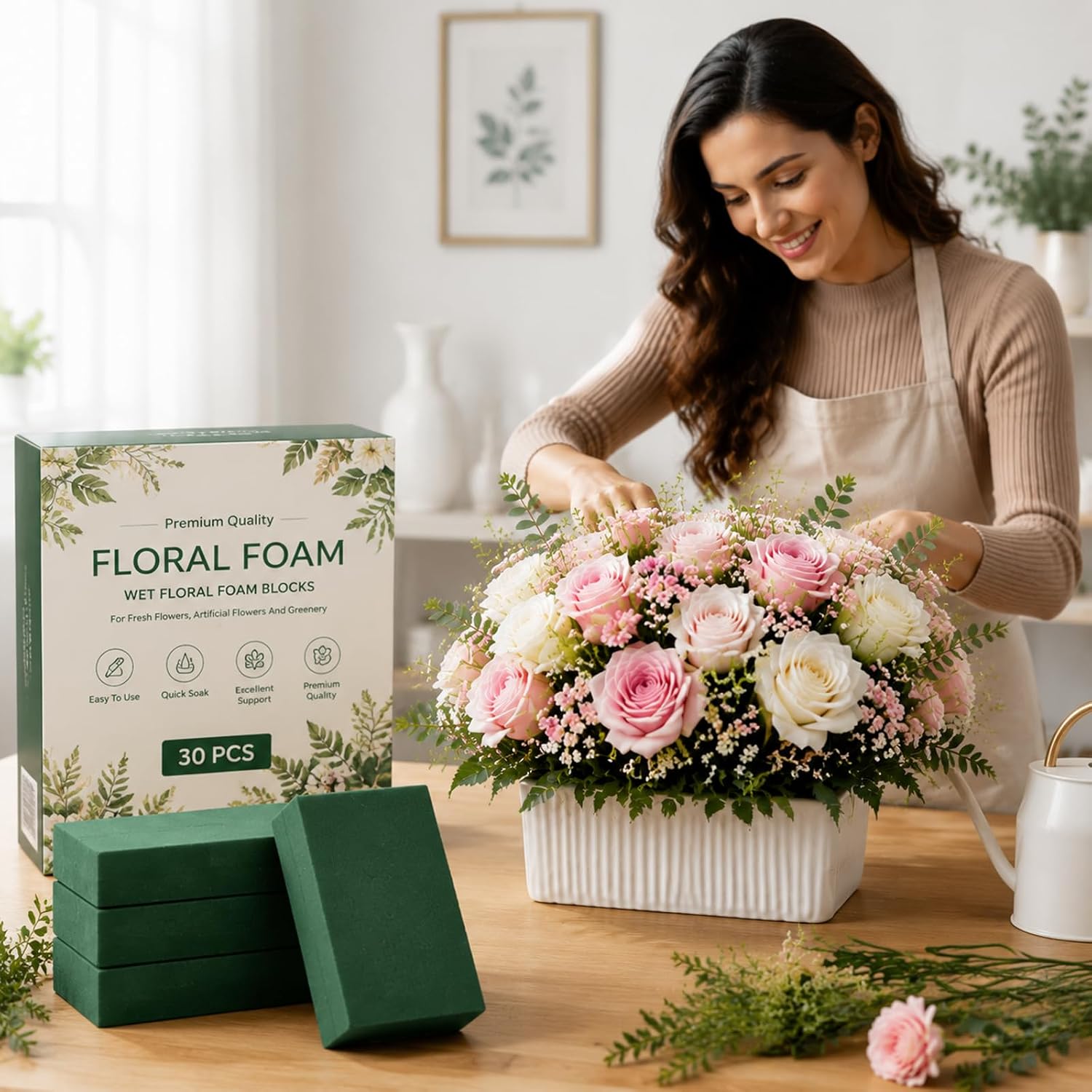 Floral Foam Bulk 30Pcs Green Flower Foam Blocks Wet Dry Foam | High Density Floral Foam for Stable Flower Arrangement, Strong Fixing Ability, Ideal for Wedding Party and Decoration Use