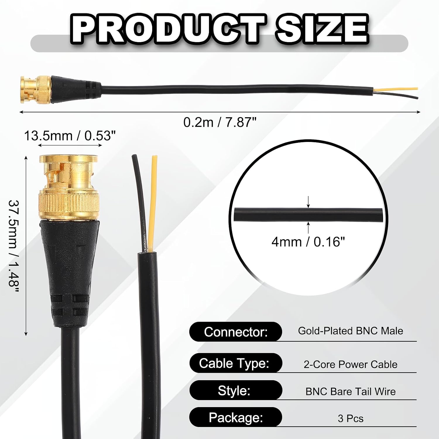 MECCANIXITY BNC Pigtail 0.6FT Coaxial Extension Cable Male to Bare End for DVR CCTV Camera Security System Monitor Video(Black 3pcs)