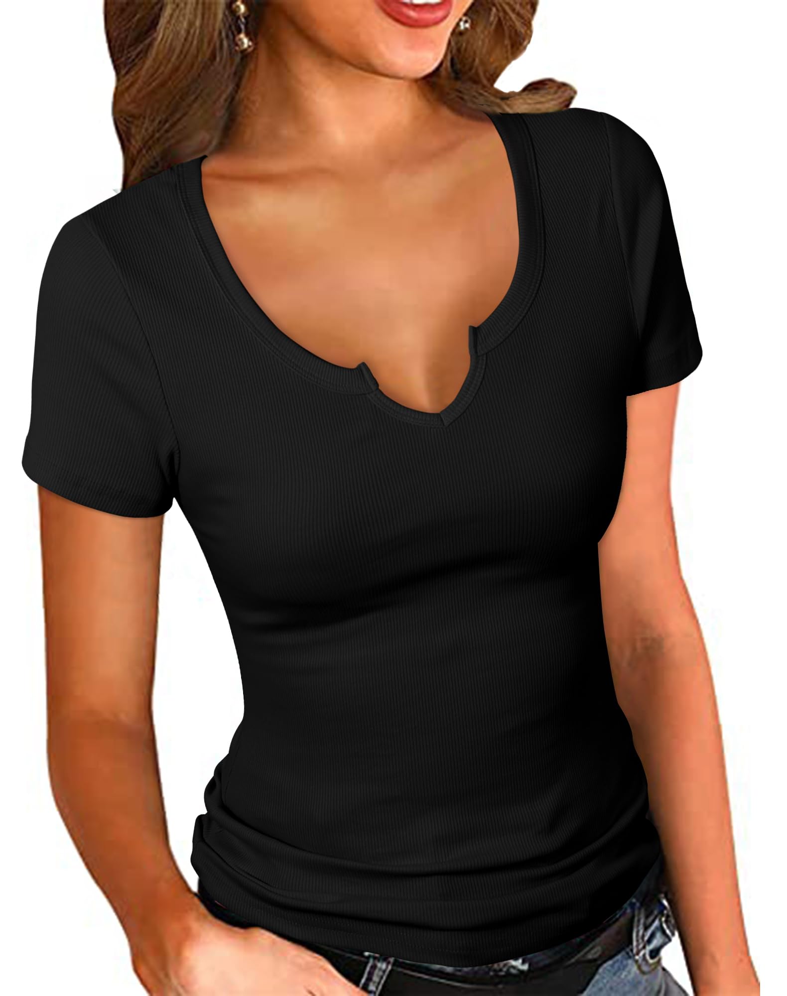 PALINDA Women's Notch V Scoop Neck Ribbed Fitted Shirt Basic Short Sleeves Tee Shirt Top