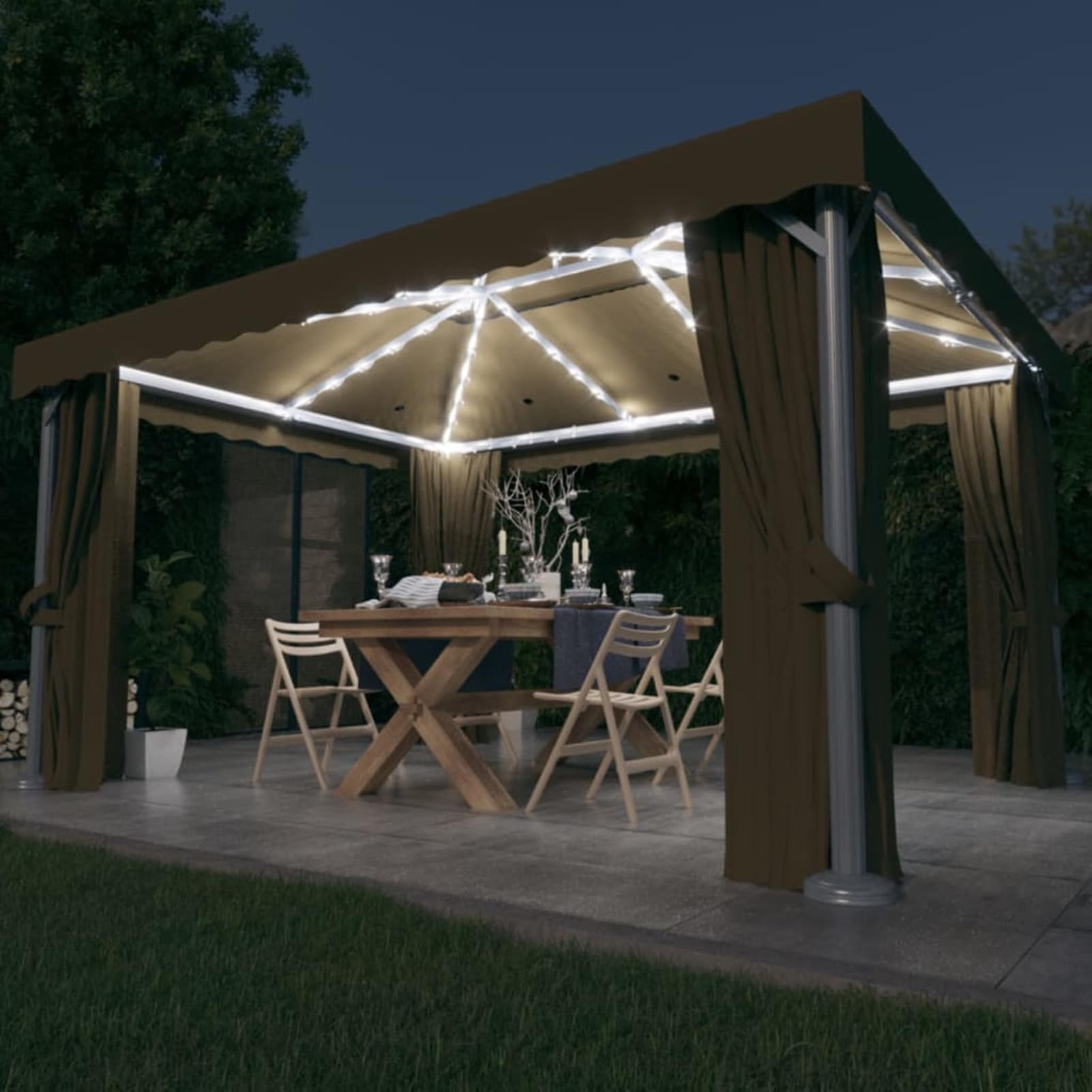 Gazebo con Tende e Stringa di Luci LED 4x3 m Grigio Talpa,Gazebo,Impermeabile,Anti UV,Gazebo da Giardino,Gazebo Esterno -3070357