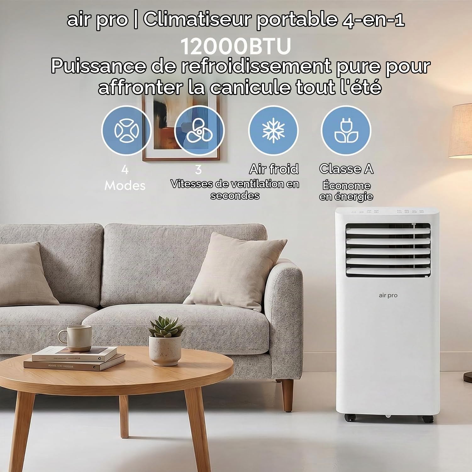 Climatiseur Mobile 12000 BTU 4-en-1 avec Wifi et Télécommande, Minuterie 24H, Kit d'Évacuation pour Fenêtre, Puissant Conditionneur d'Air pour Maison Bureau 30m, White, 12000 BTU