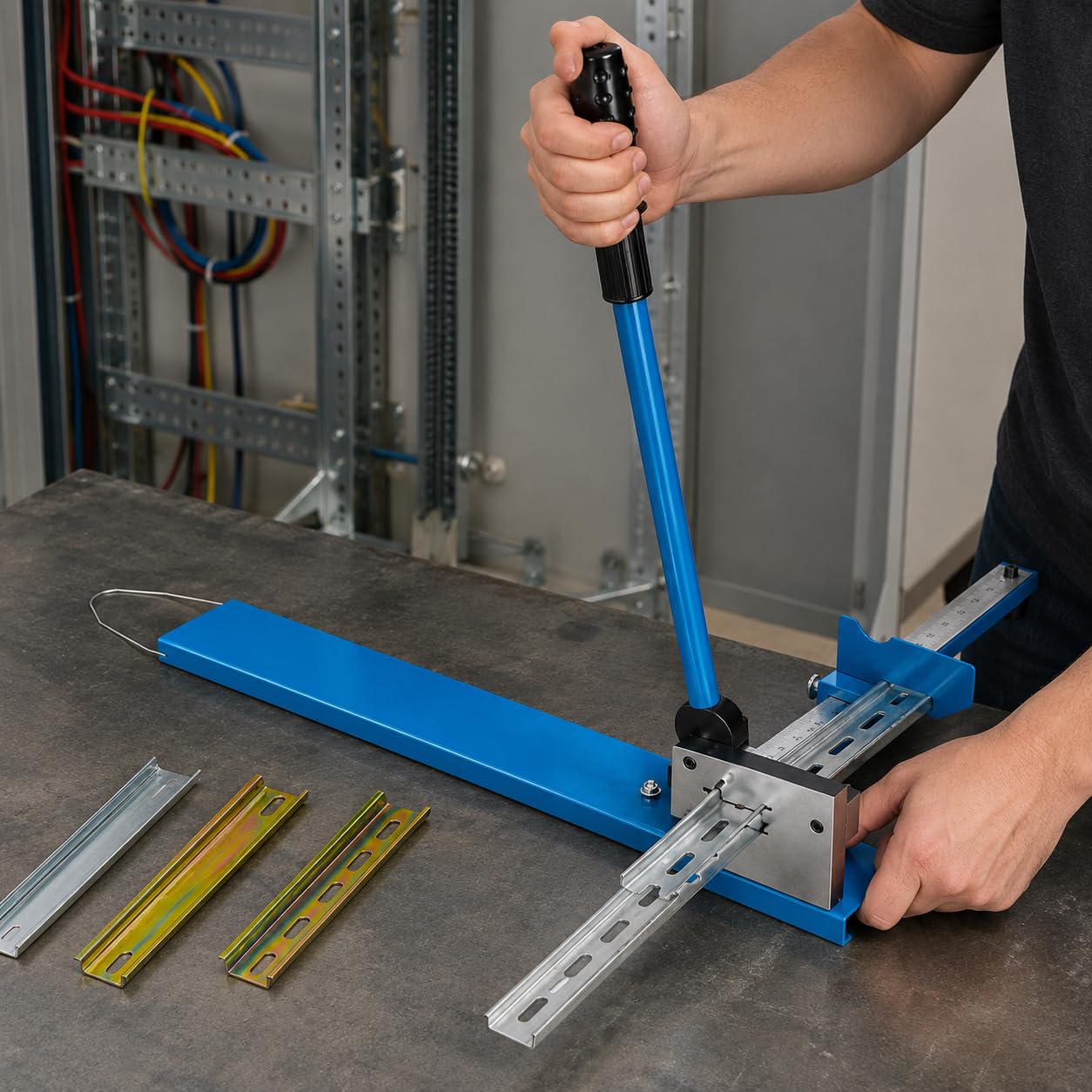 Taglierina DIN con righello da 50 cm per binari in acciaio e alluminio da 35 mm | Sistema di taglio a doppia scanalatura, cursore regolabile e lunga maniglia a leva per un taglio preciso in lotti.
