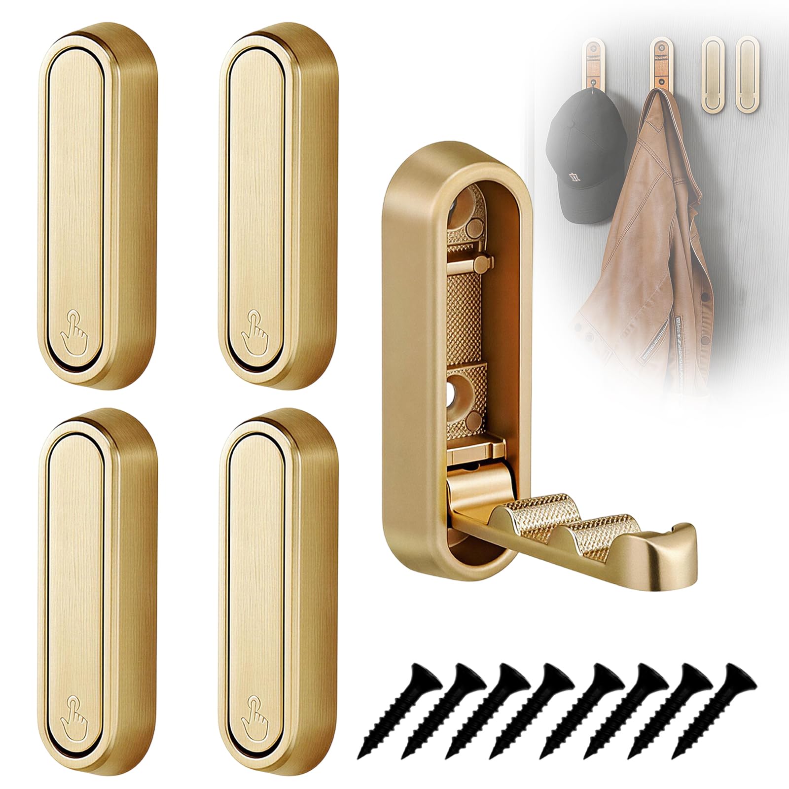 klahh 4-Pack Gold Coat Hooks Wall Mounted, Foldable Wall Hook Duty Zinc Alloy Flip Down for Hanging Coat Bag Towel Key, Space Saving Folding Coat Hooks for Bathroom Kitchen Hallway Door