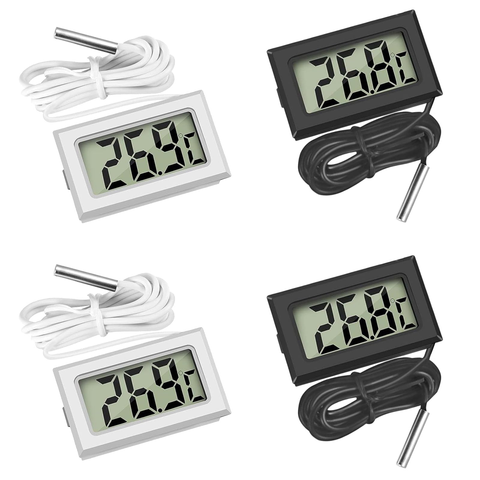 Digital Thermometer with External Probe for Fridge Freezer, Refrigerator, Aquarium – Portable Temperature Monitor, Moisture Resistant, Clear LCD Display,(2 White &2 Black)