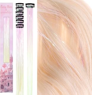 WENNALIFE Hair Tinsel Clip In, 6 unidades de color blanco plateado de 60 cm para el pelo, oropel con purpurina, para el pelo, festival, fiesta, pelo, purpurina, pelo de hada, para niñas