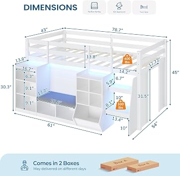 Low Loft Bed Twin Size with LED Lights, Wooden Kids Twin Loft Bed with Storage Bookcase, Toy Box, Reading Nook and Secret Play Space, Modern loft Bed with Stairs and Safety Guardrails for Boys Girls