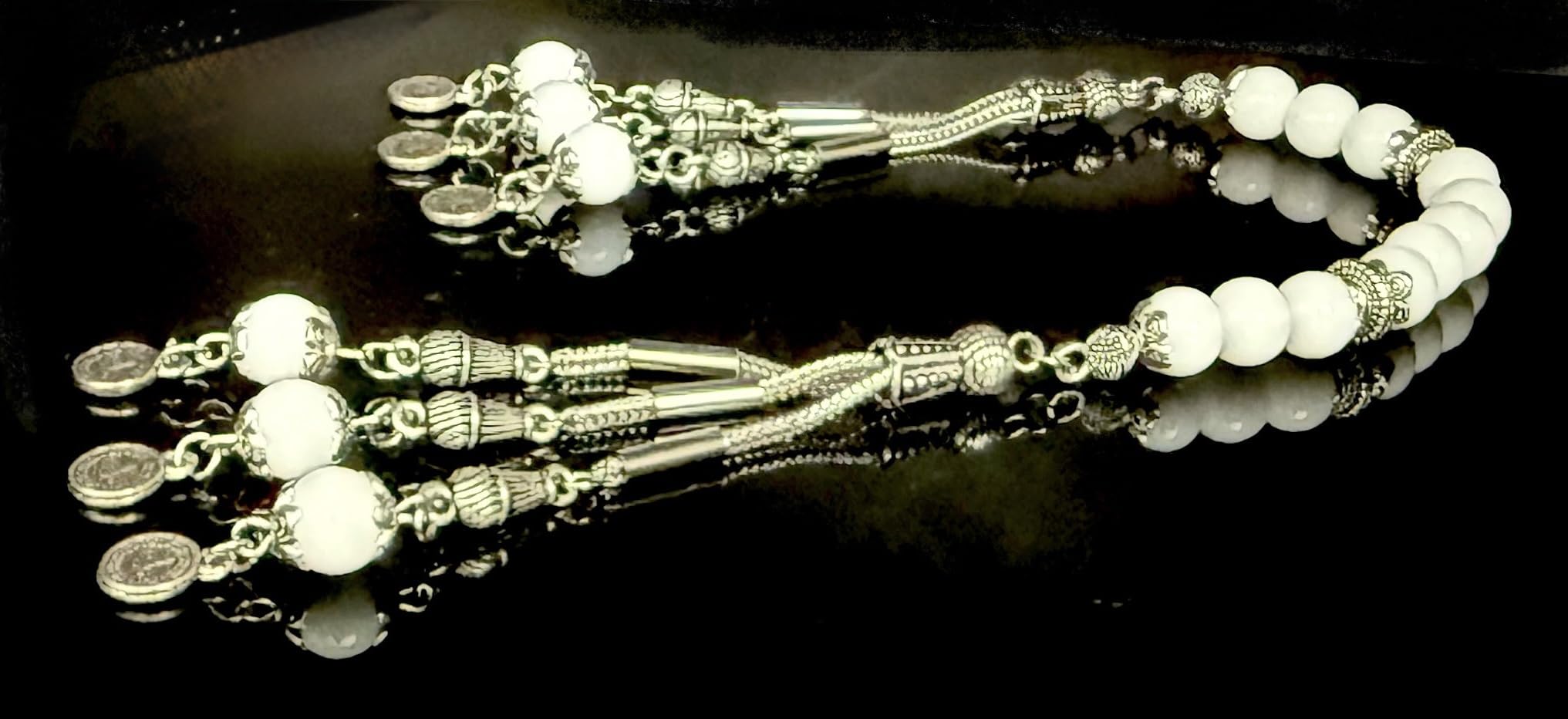 Generisch Zaza Tesbih Doğal Taş Oniks 8 mm OSMANLI Tugra Püsküllü ZAZA Tespih Gebetskette Naturstein,Tasbih Misbaha Rosary Subha Amber Onyx weiße Stein Geschenkidee NEU