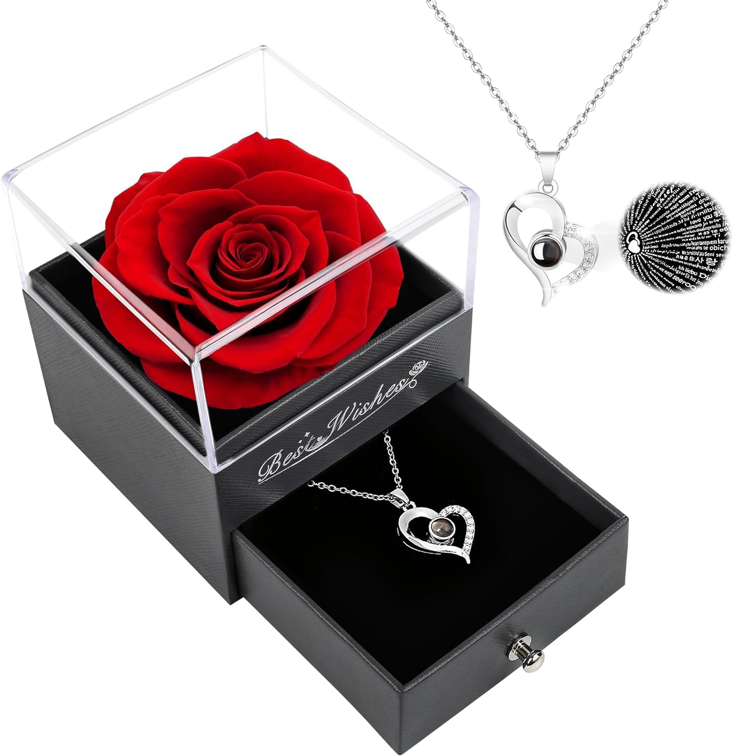 Preserved Real Red Rose with I Love You Necklace in 100 Language, Eternal Flowers Rose Gifts for Mom Wife Girlfriend Grandma, Valentines Day Gifts for Her, Anniversary Birthday Gifts for Women