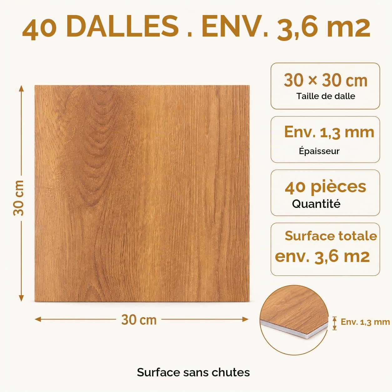 CYEER Lot de 40 Dalles PVC Adhésives Sol 30x30cm, Sol Vinyle Autocollant Effet Chêne Naturel, Revêtement de Sol Imperméable pour Cuisine, Salle de Bain et Salon, Rénovation DIY (3,6 m²)