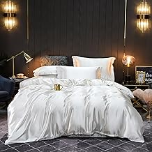 Freyamy Satin Duvet Cover 200 x 200 cm, Plain White, Adult Double Bed Set with Zip, Shiny Silk Satin Duvet Cover Sets with 2 Pillowcases 65 x 65 cm