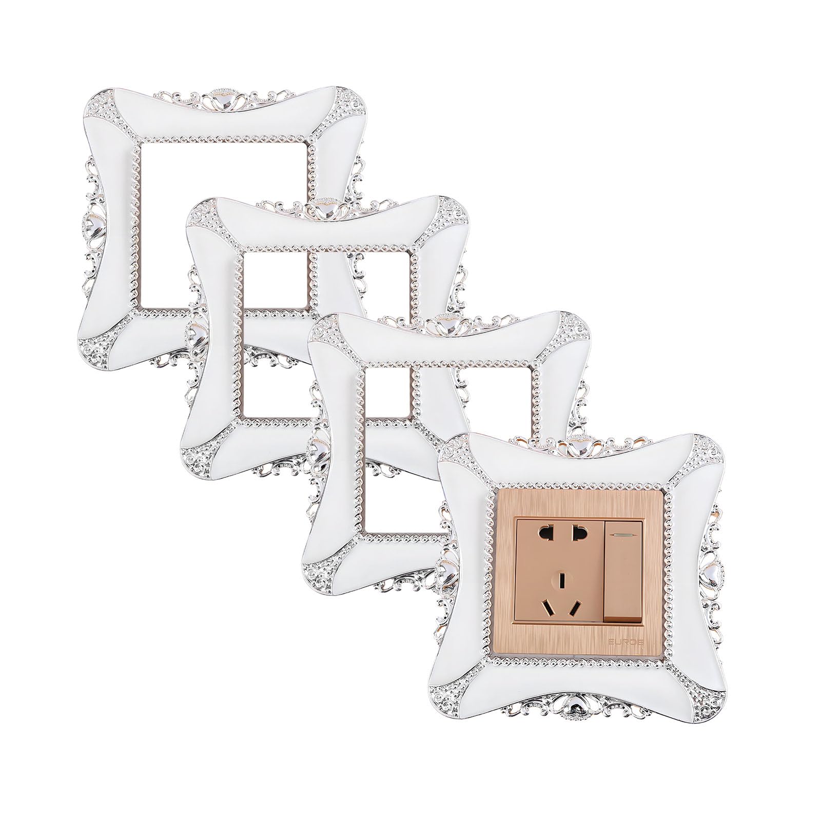 Light Switch Surround, Decorative Light Switch Cover DWUENT Self-Adhesive Modern Frame with Silver Pattern, Easy Peel & Stick for Wall Switch Plates, 4 Pack, White and Silver