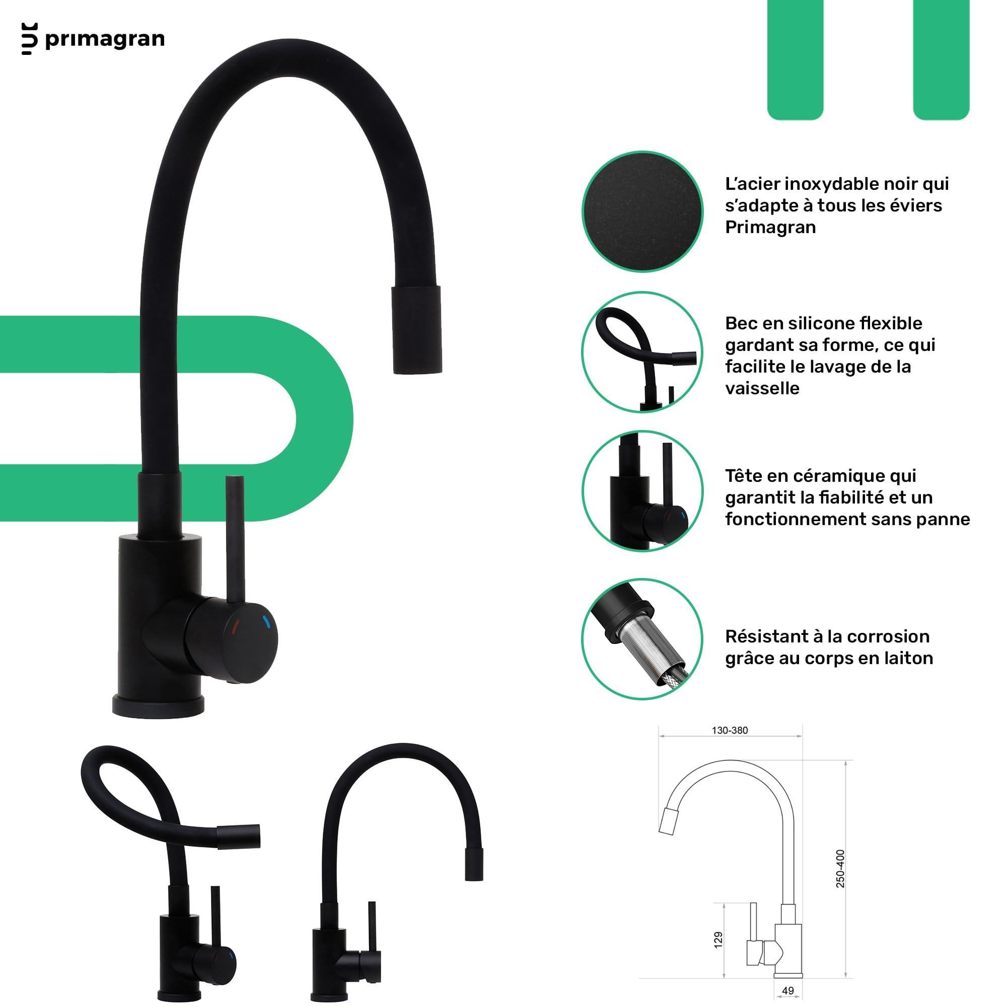PRIMAGRAN Evier Cuisine en Granit Noir 55x44cm, Lavabo 1 bac + Robinet 40x38cm + Kit de Vidage, Évier à Encastrer au Meuble 45cm - Copenhague Easy S027