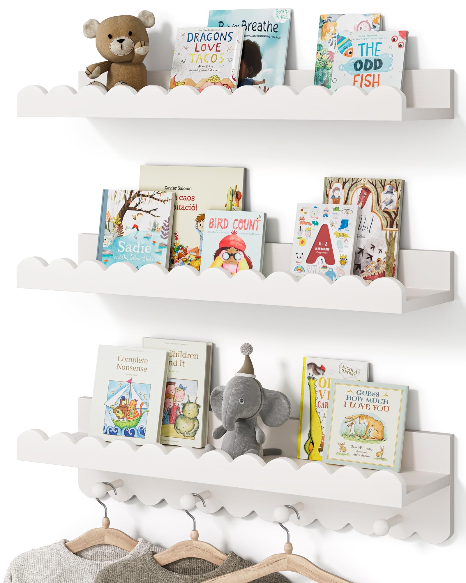 Nursery Book Shelves, Scalloped Shelves with Coat Hooks, Set of 3, Nursey Decor