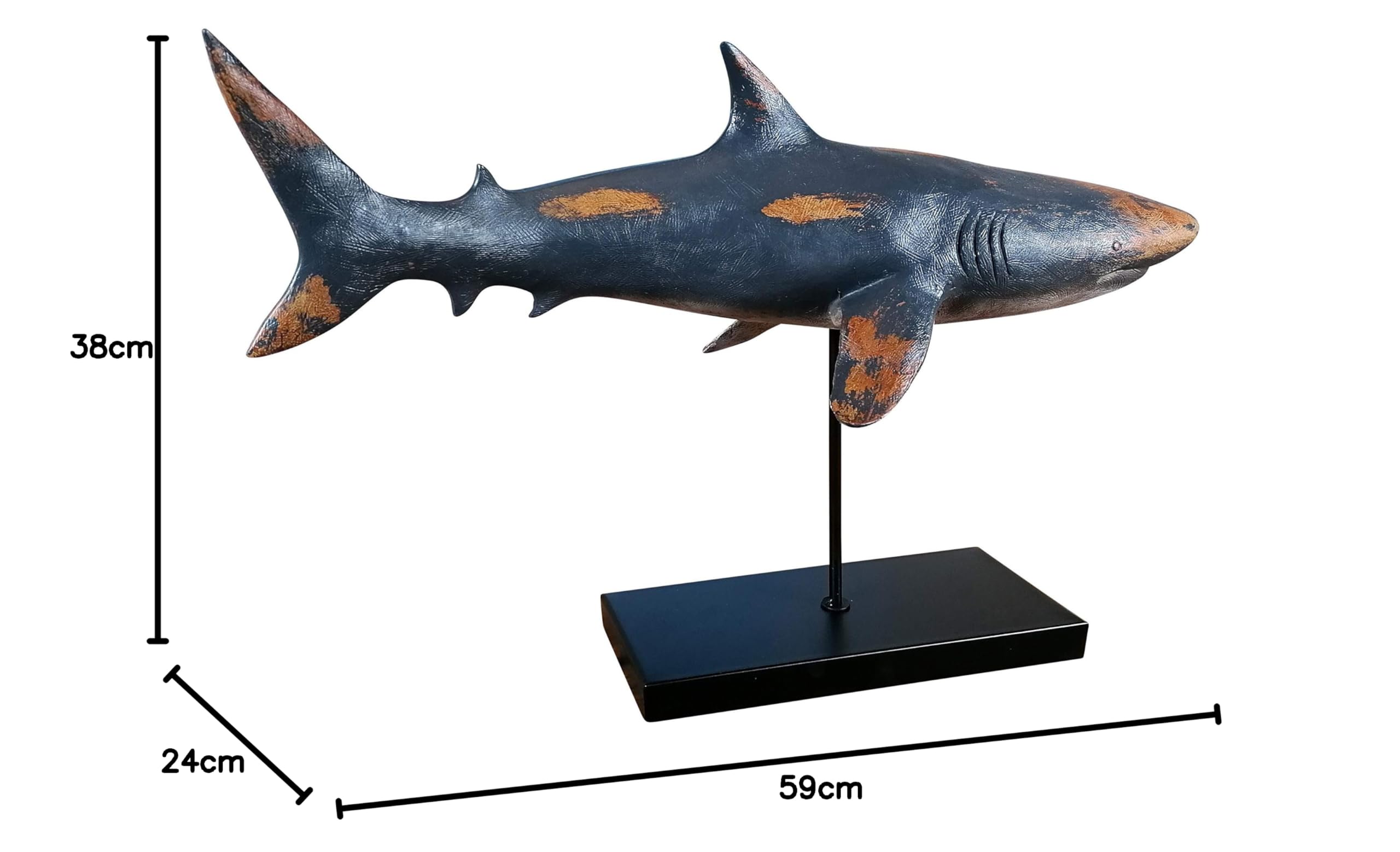 MichaelNoll Hai Haifisch Fisch Dekofigur Statue Skulptur Polyresin Modern - Maritime Deko für Wohnung in Holz-Optik - Dekoration für Wohnzimmer, Schlafzimmer oder Badezimmer - XXL 59x24x38,5 cm