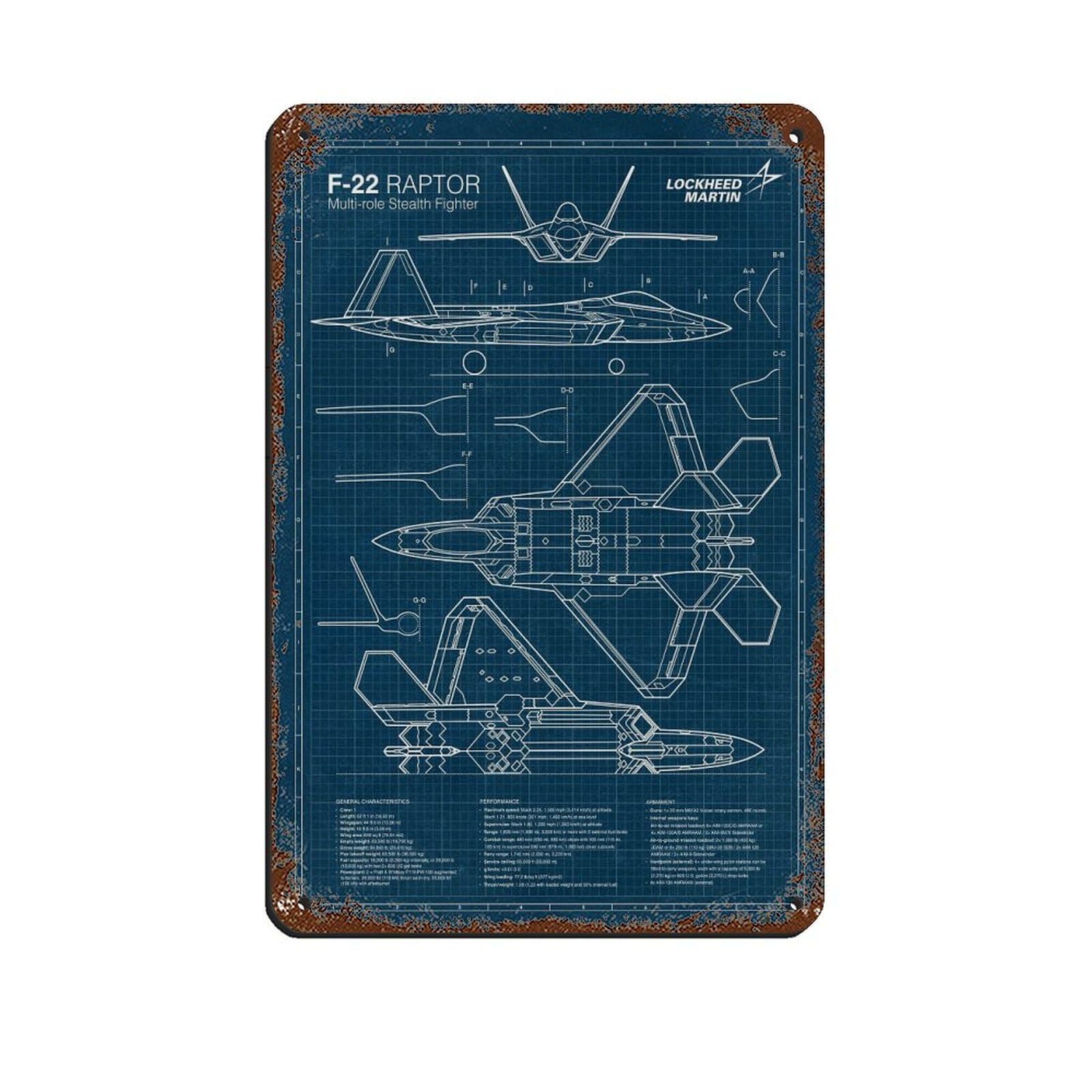 Qzfncoyu Style F-22 Raptor, Blueprint Tin Sign Vintage Metal Pub Club Cafe Bar Home Wall Art Decoration Poster Retro 8X12inch(20X30cm)