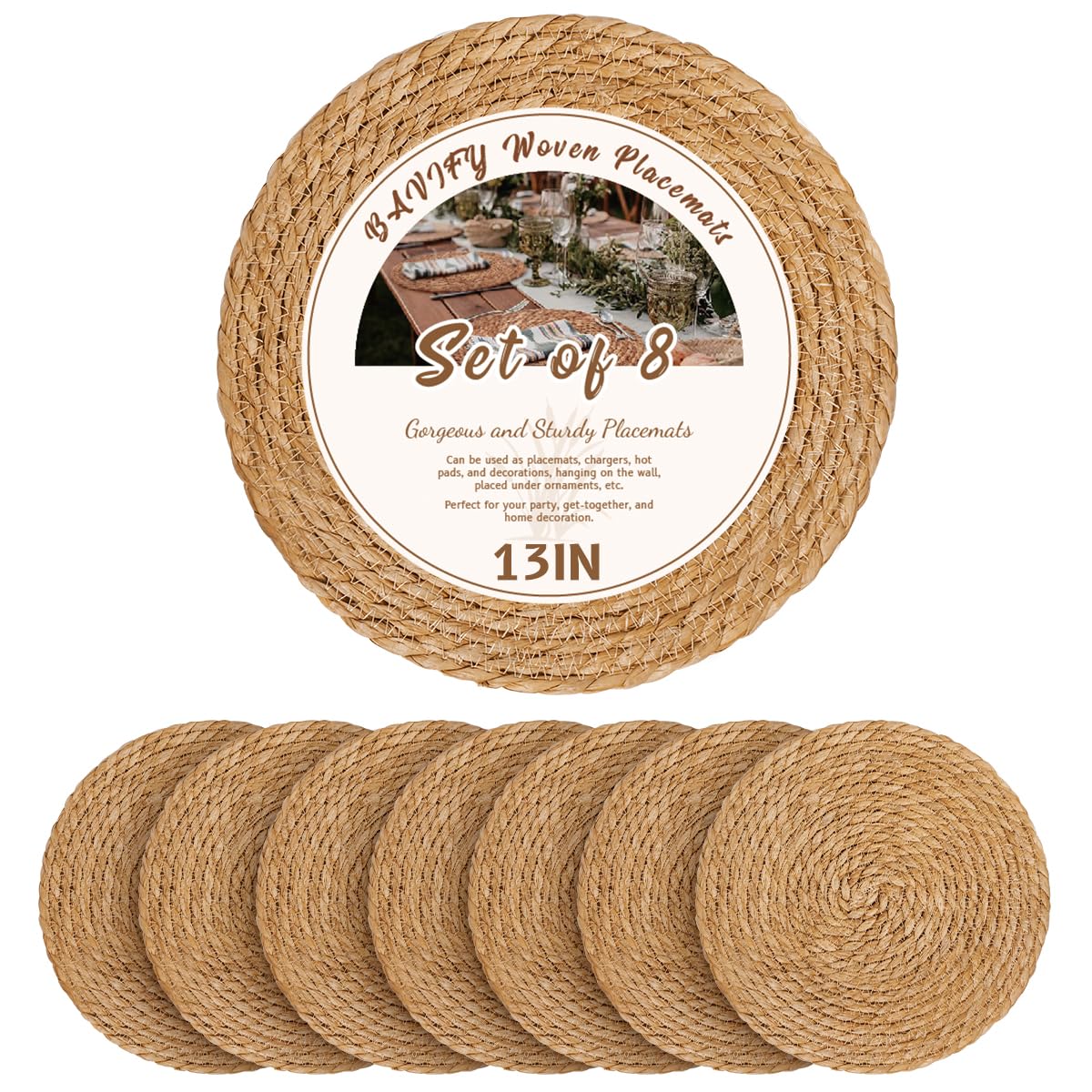 Juego de 8 manteles individuales redondos de 13 pulgadas, de mimbre y ratán, cargadores para platos de cena, manteles rústicos de granja para decoración de mesa de comedor