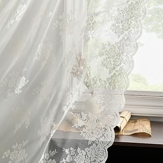 Kotile Lace Curtains 45 Inch Length - Short Lace Curtains for Kitchen Window, Vintage Sheer Cafe Curtain 2 Panels, Rod Pocket Rustic Floral Short Drapes, 52 x 45 Inch, 2 Panels, Ivory