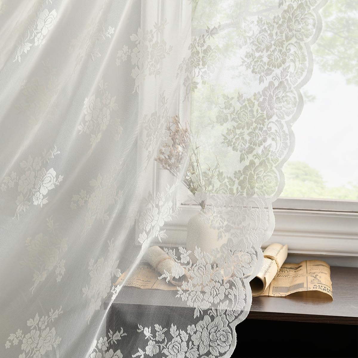Kotile Lace Curtains 45 Inch Length - Short Lace Curtains for Kitchen Window, Vintage Sheer Cafe Curtain 2 Panels, Rod Pocket Rustic Floral Short Drapes, 52 x 45 Inch, 2 Panels, Ivory