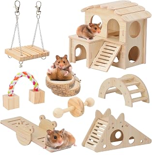 9PCS Wooden Hamster Toys Set, Guinea Pig Hideaway with House | Small Animal Chew Boredom Breakers DIY Cage Accessories Hamster Seesaw Bridge Slide Hideout Hut Activity for Rabbit Rat