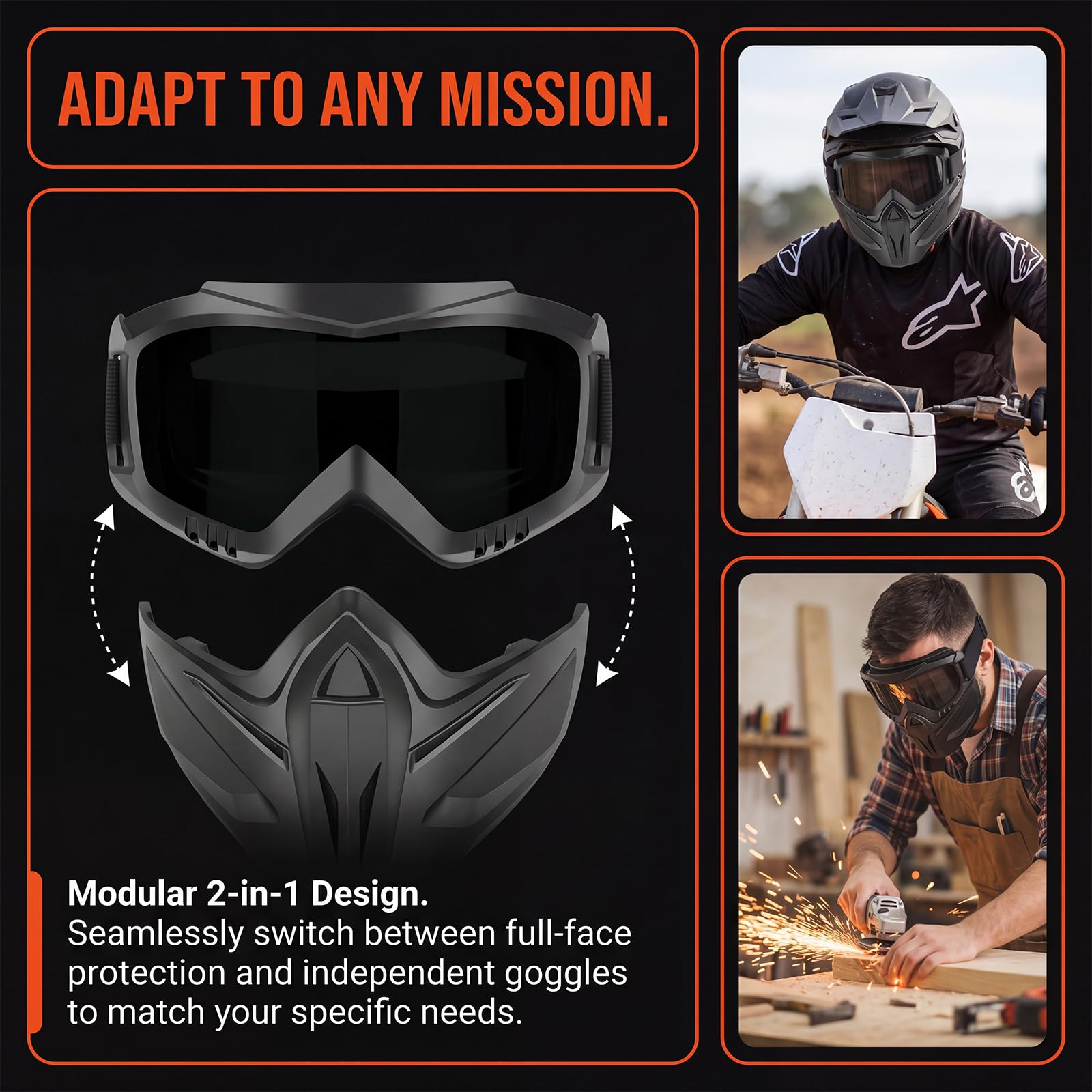 Full Face Protective Mask with Removable Goggles, Anti-Fog Face Shield for Motorcycle Riding, Cycling, Softball & Outdoor Sports
