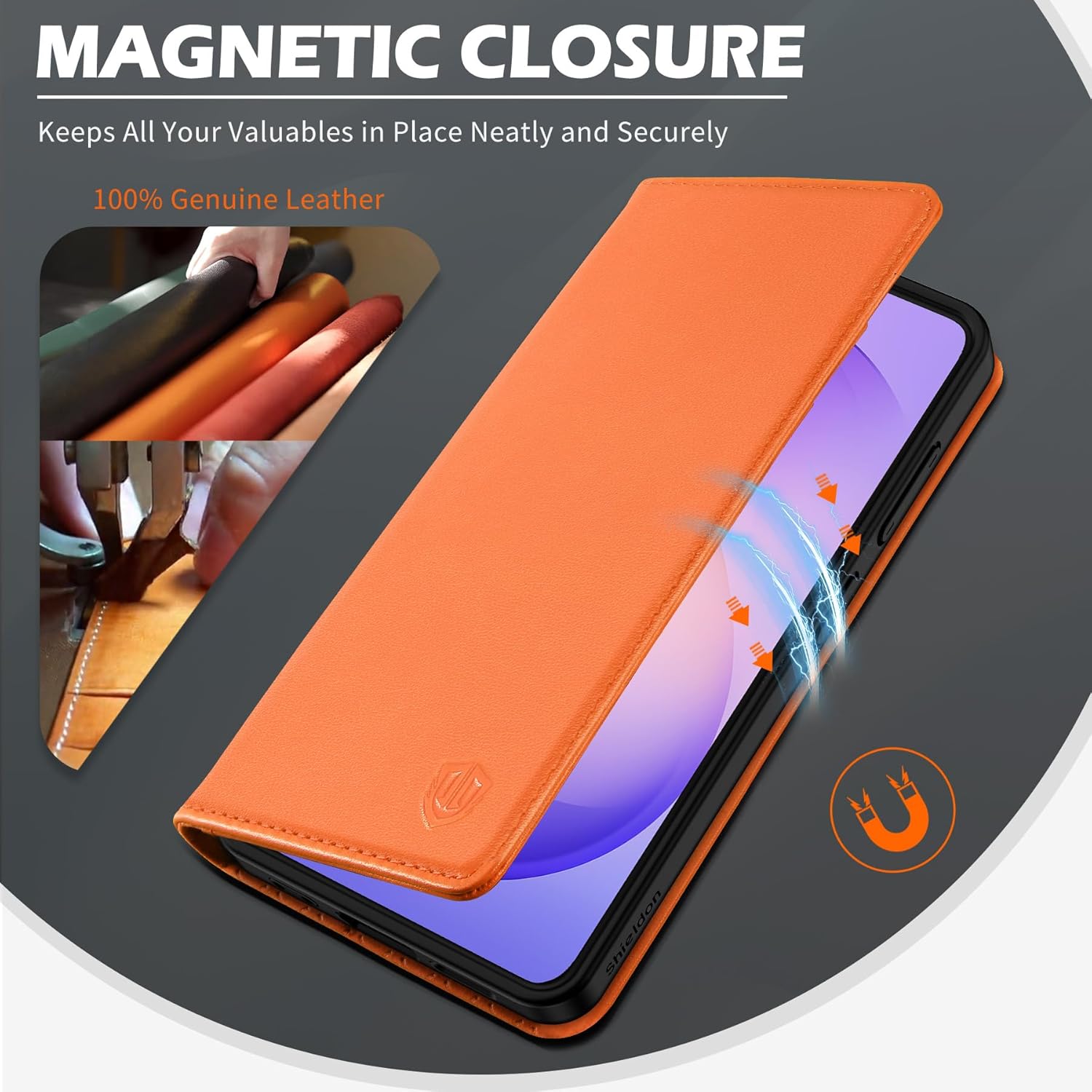 SHIELDON Case for Galaxy S26 Plus 5G, Genuine Leather Folio Wallet with Kickstand RFID Blocking Credit Card Holder, Magnetic Shock Absorbing Cover Compatible with Galaxy S26+ 6.7" 2026 - Orange