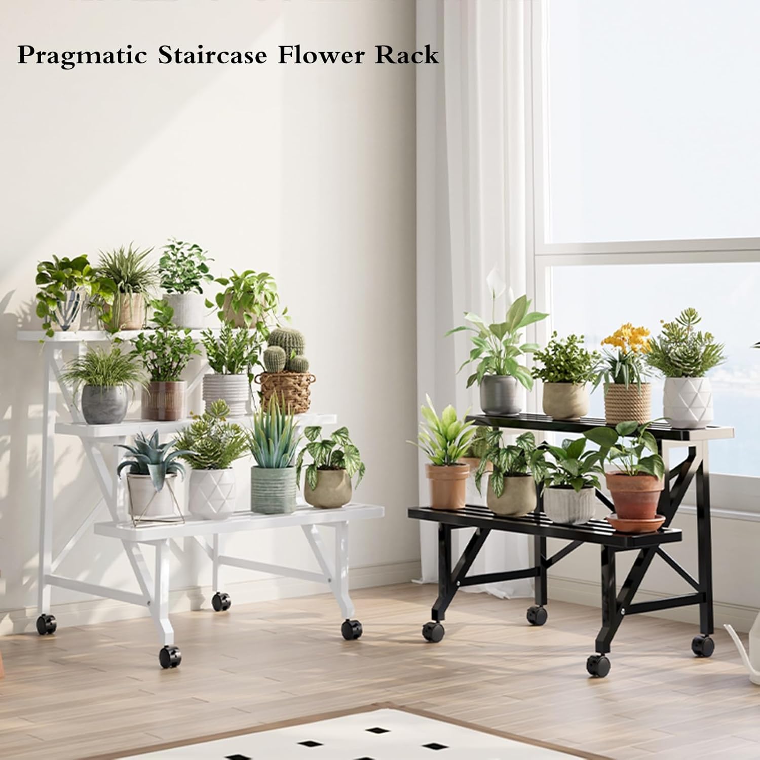 Plant-Racks Versatile Plant Stand - Rolling Iron Flower Rack for Indoor/Outdoor, 2/3-Layer Staircase Design for Potted Plants, Shelf for Patio, Balcony Living Room(White,3layers 100cm)